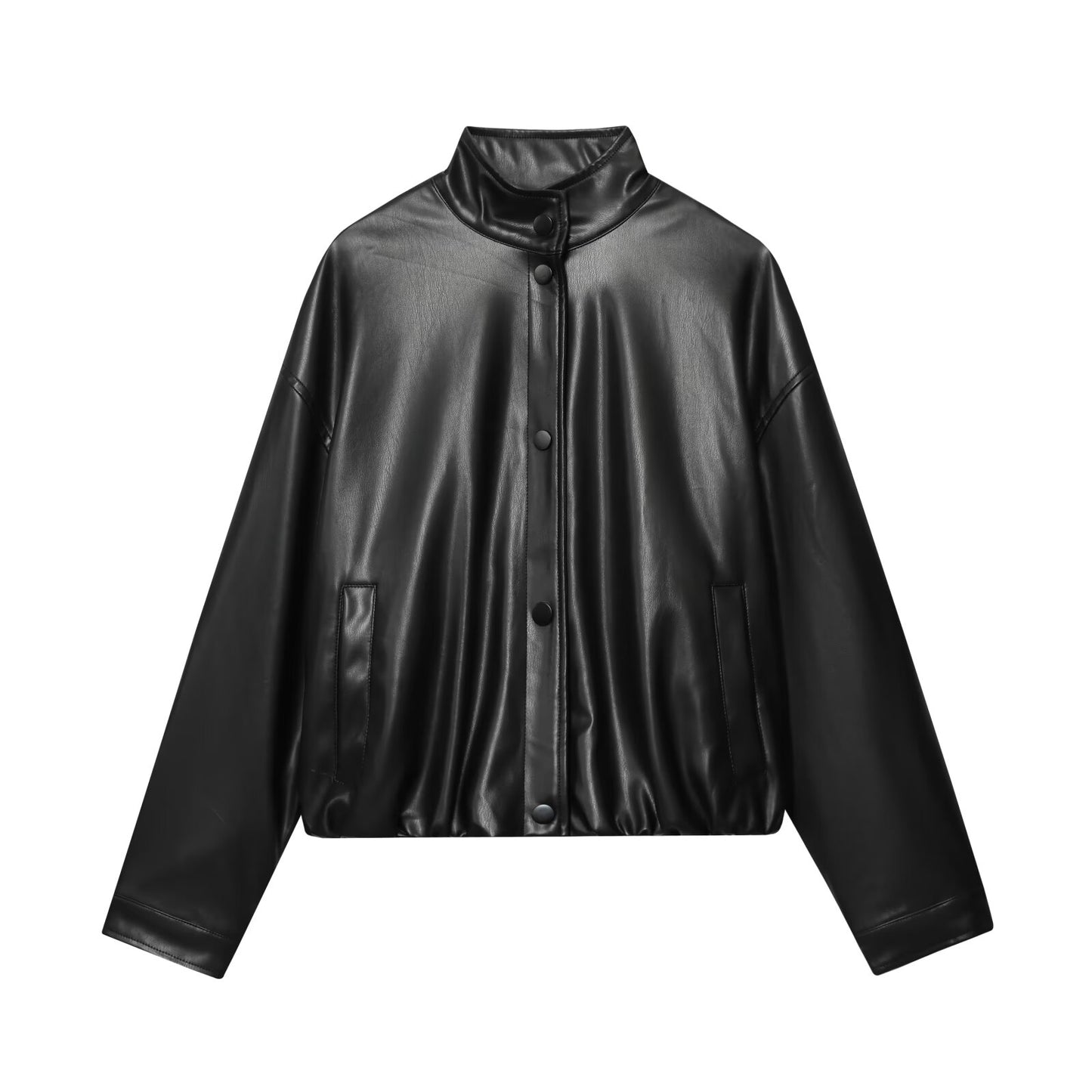 Women's new fashion black high neck faux leather flight jacket Coat