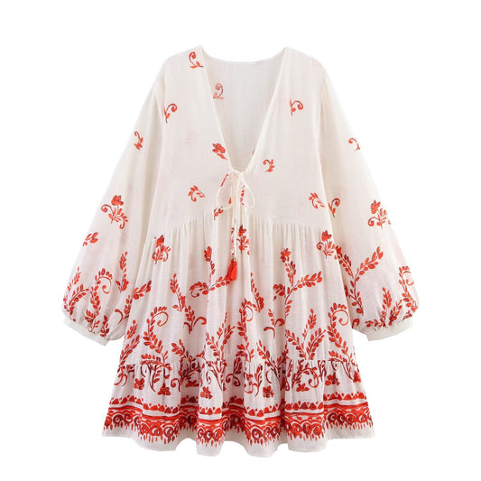 Women's 2025 new chic Fashion printed V-neck mini dress retro long sleeved lace up women's dress
