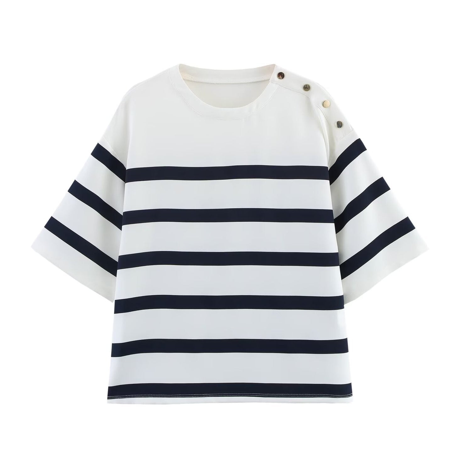 set woman 2 pieces2025 Fashion Striped short-sleeved Tops Vintage Female + high waist shorts Women's suit