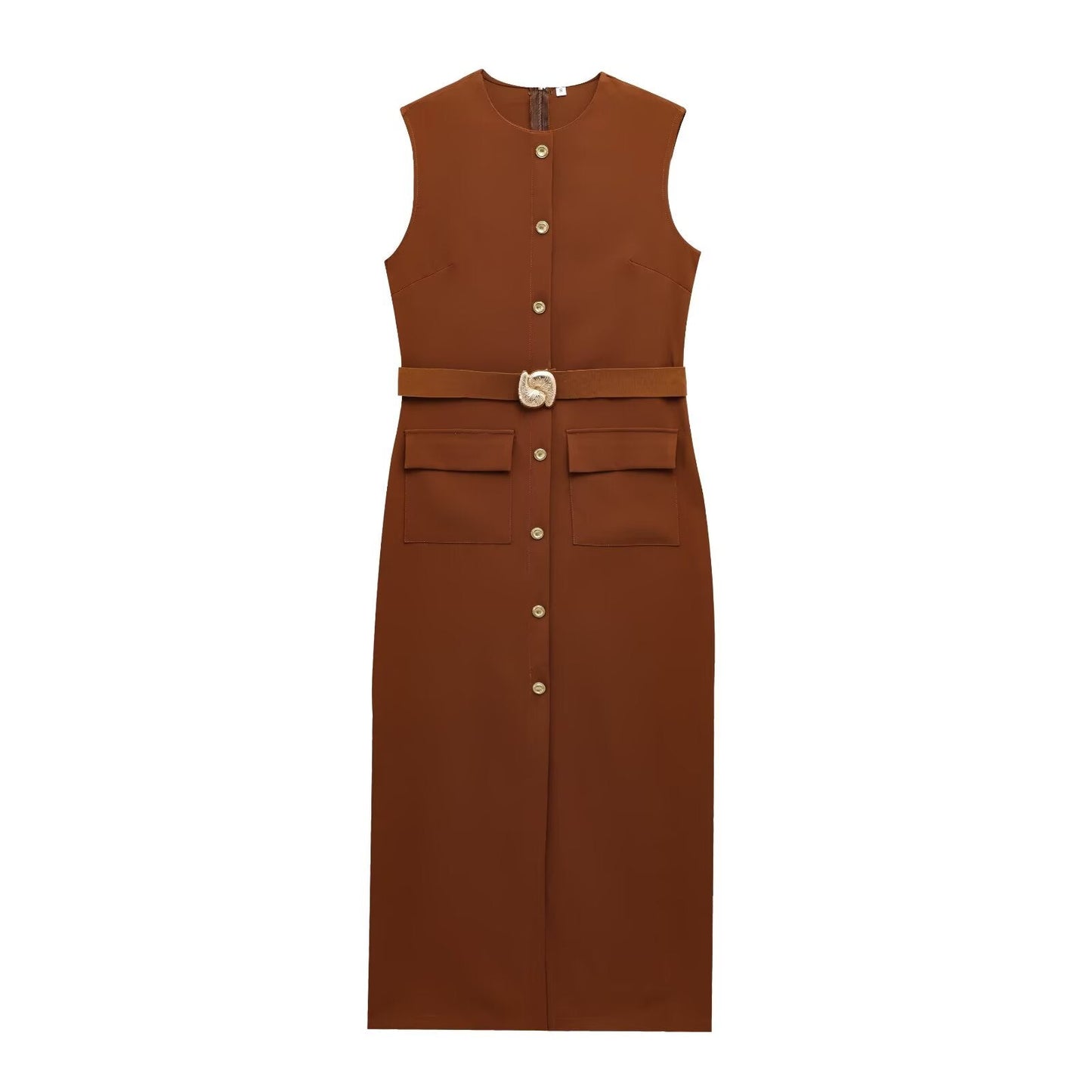 Women's new chic Fashion With belt slim single breasted Midi dress retro sleeveless women's dress
