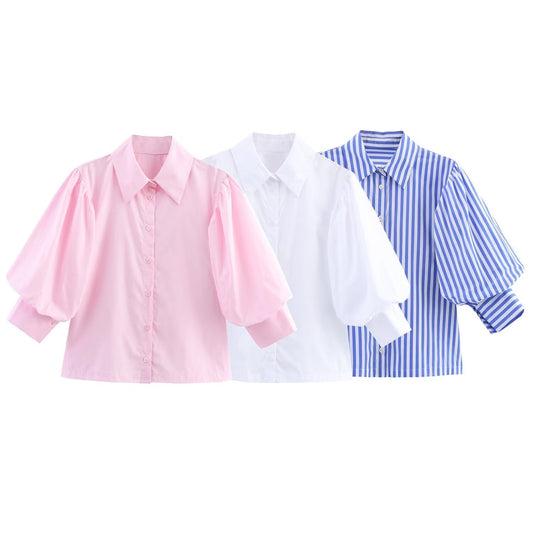 Women's new fashion bubble sleeves comfortable striped poplin shirt