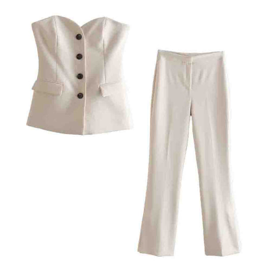 Women's new fashion slim single breasted lingerie style strapless vest+Pants suit