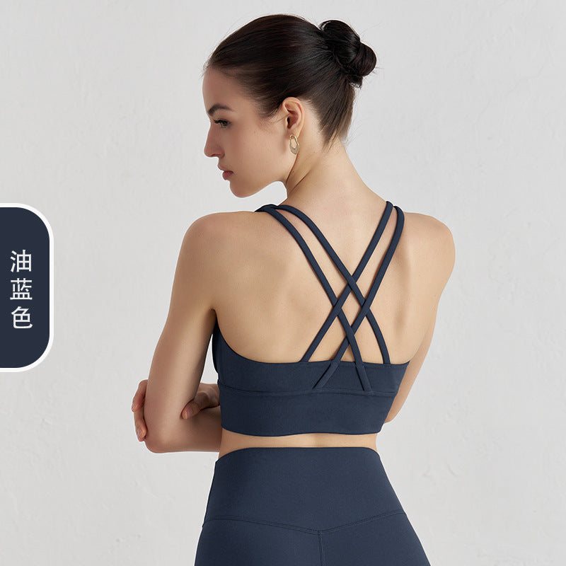 Women's new double-sided sanding cross back sports bra shockproof gathered yoga bra fitness vest