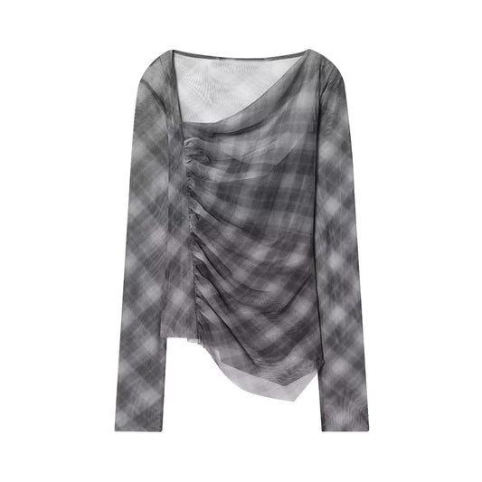 Women's new fashion pleated design slim plaid tulle T-shirt