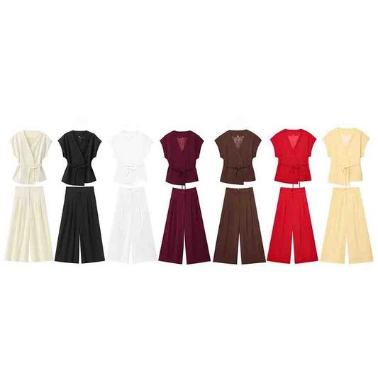 Women's new fashion with Belt casual linen blend V-neck vest+Pants suit