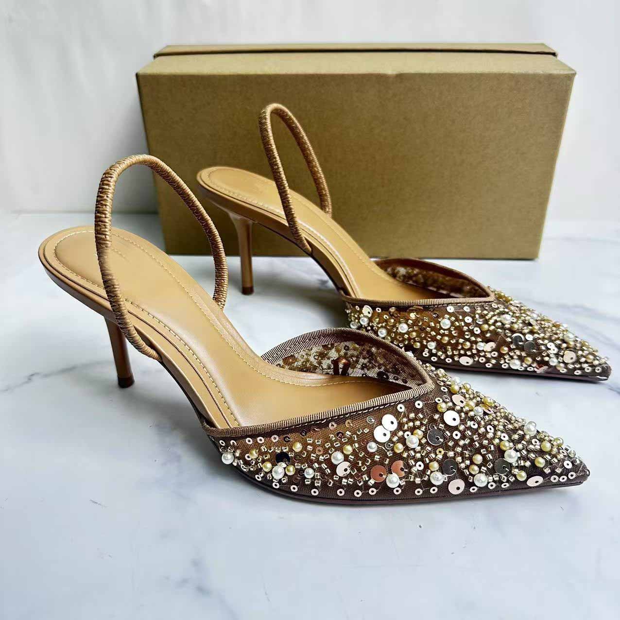 Women's New Fashion Joker Beaded Inlaid Mesh with Pointed High Heels