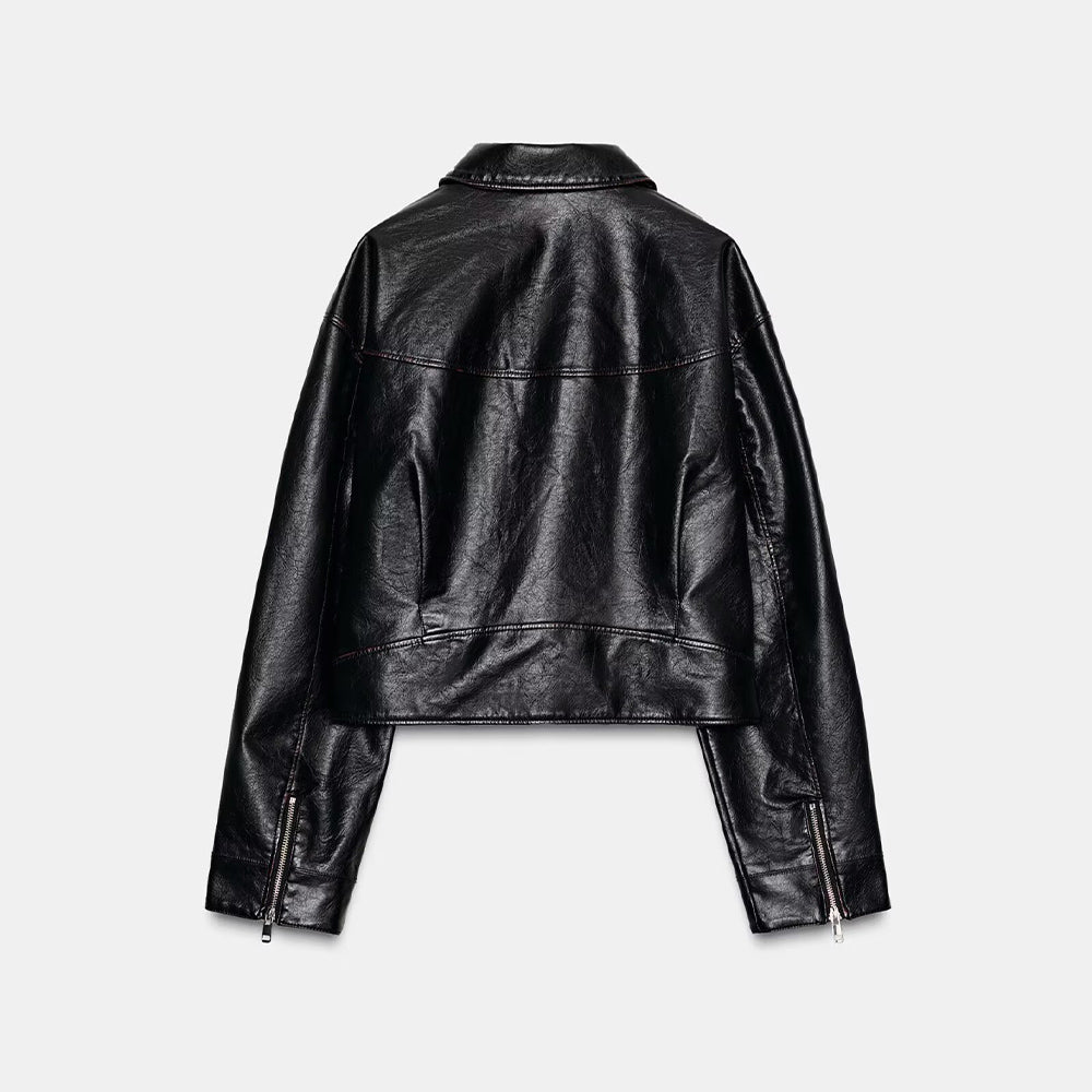 Women's new fashion black Lapel Faux Leather jacket Coat + Shorts Skirts