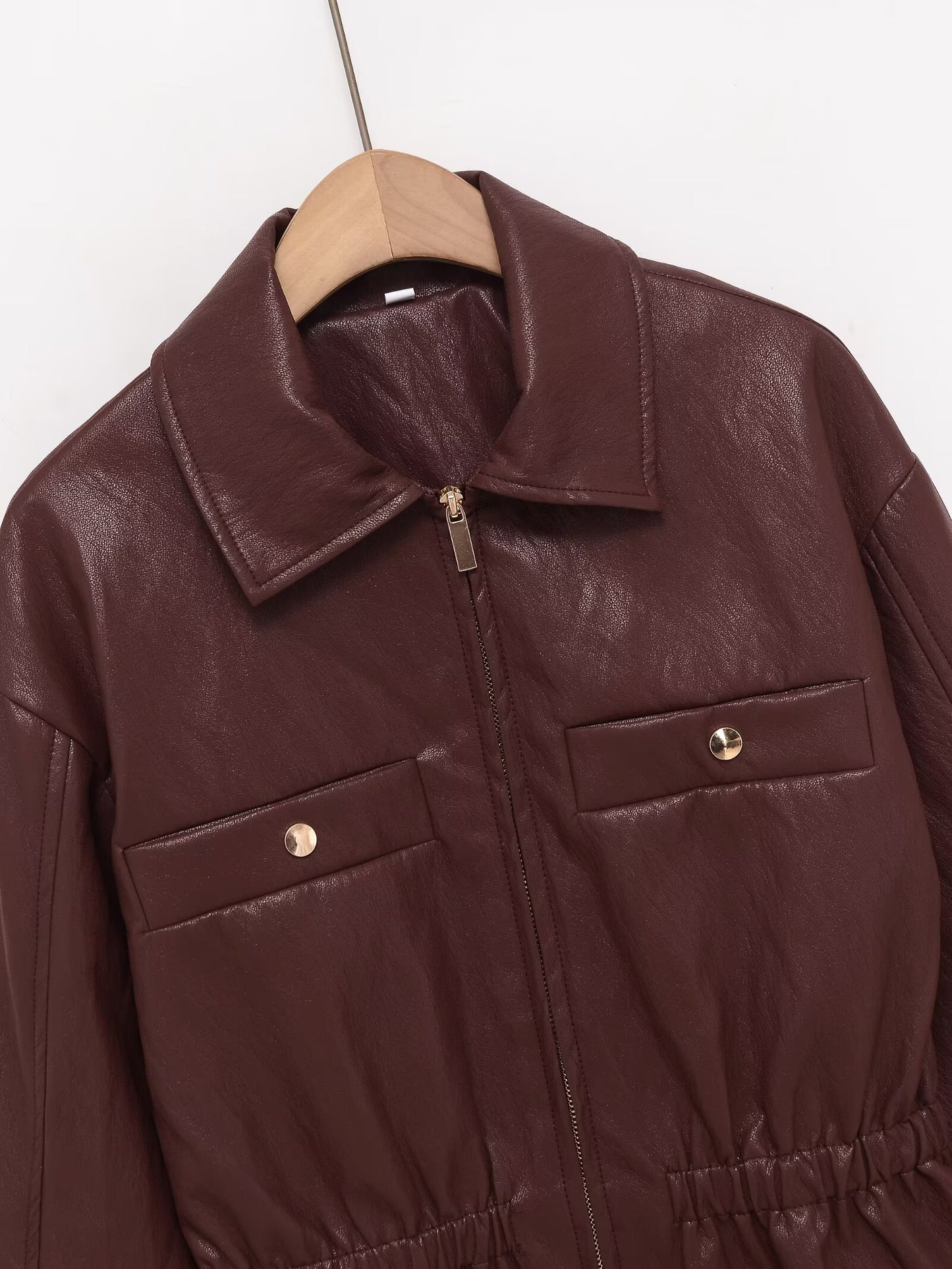 Women's elastic waist lapel Faux Leather jacket Coat