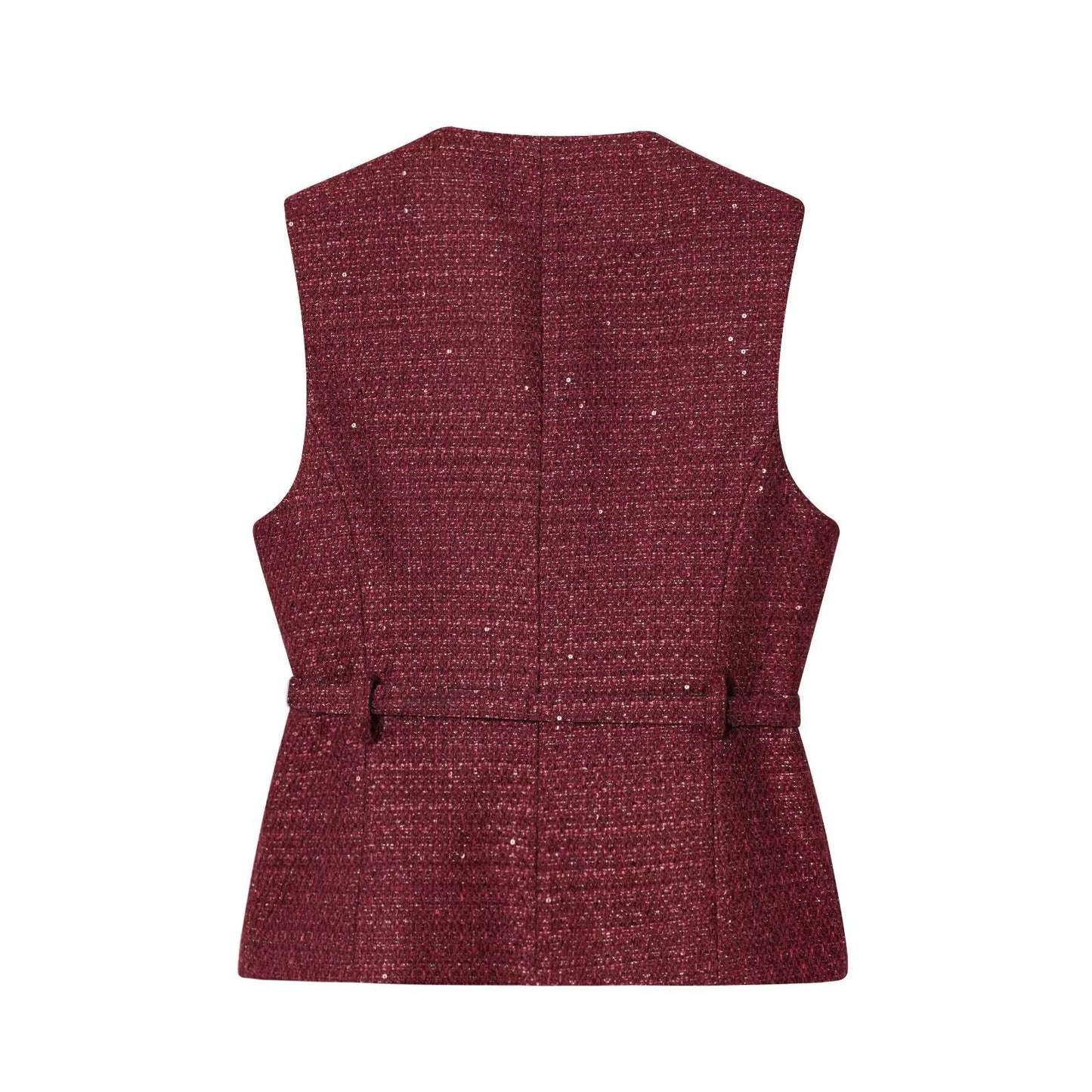 Women's new fashion with Belt bead decoration sleeveless textured vest