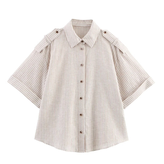 Women's 2025 new fashion casual single breasted striped shirt retro short sleeved women's shirt chic top