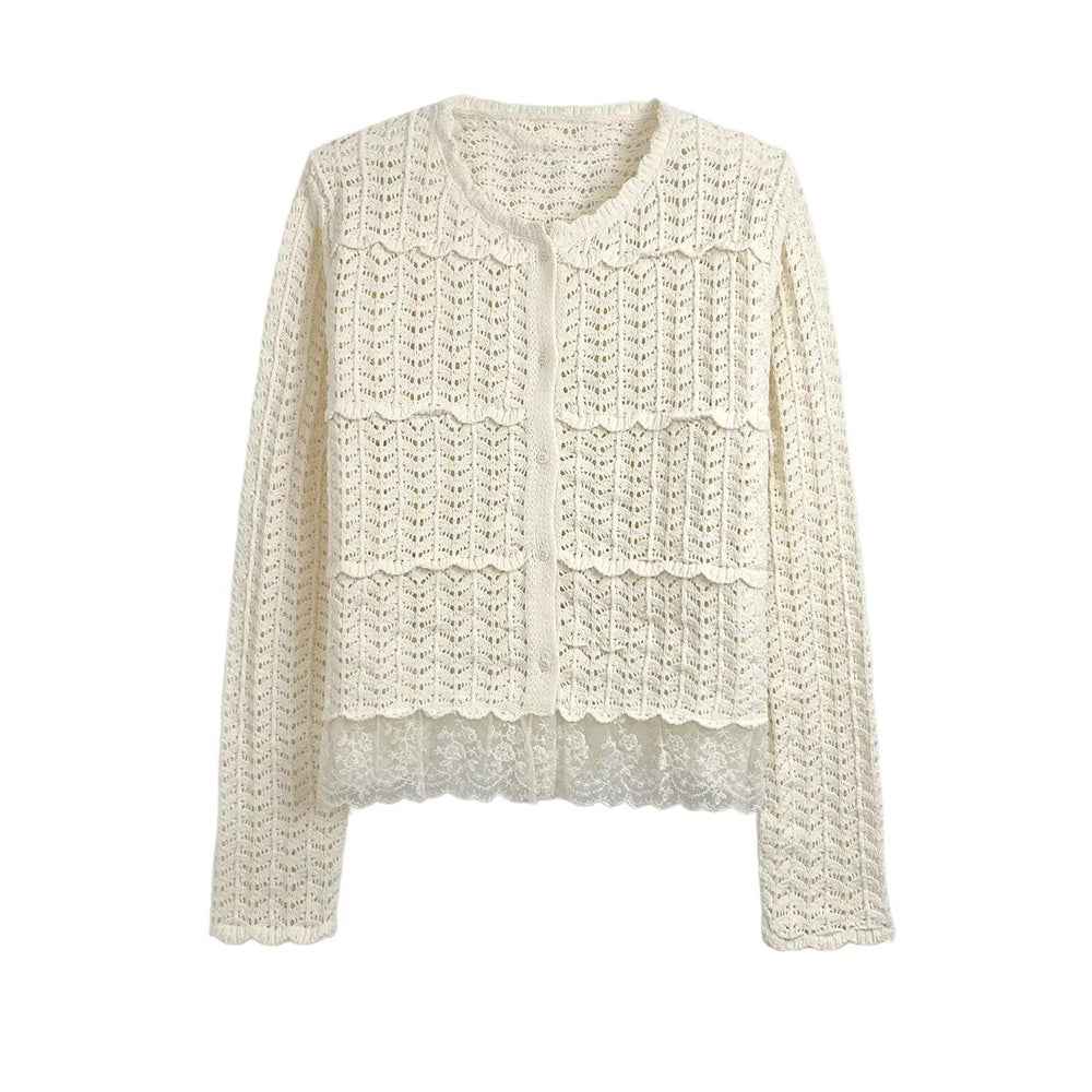 Women's new fashion O Neck long sleeved patchwork hem knitted cardigan