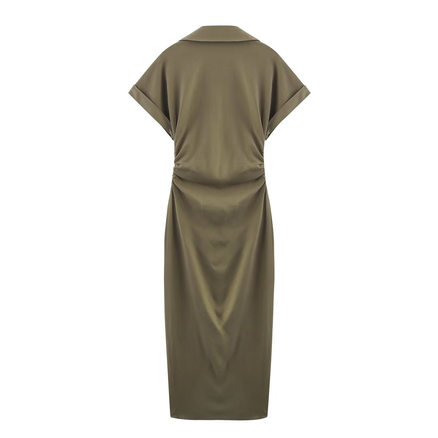 Women's new chic fashion pleated decoration slim single breasted linen blended MIDI dress retro short sleeved women's dress