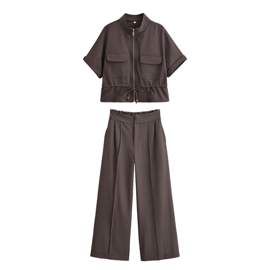 Women's new fashion Drawstring decoration casual short sleeved zipper shirt+Pants Women's suit