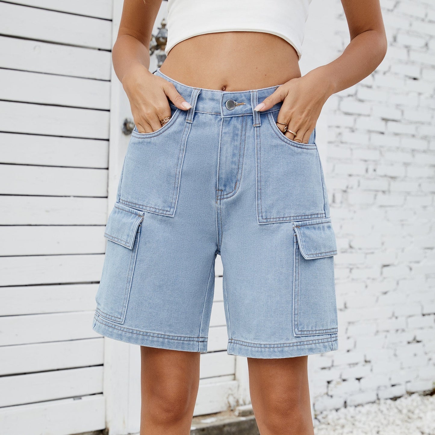 New street fashion washed workwear denim shorts