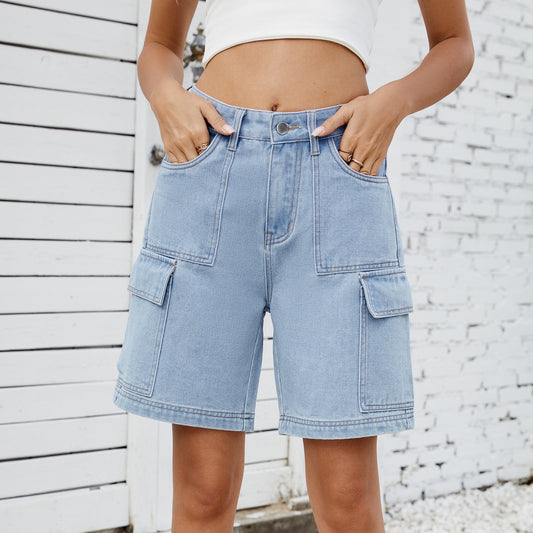 New street fashion washed workwear denim shorts