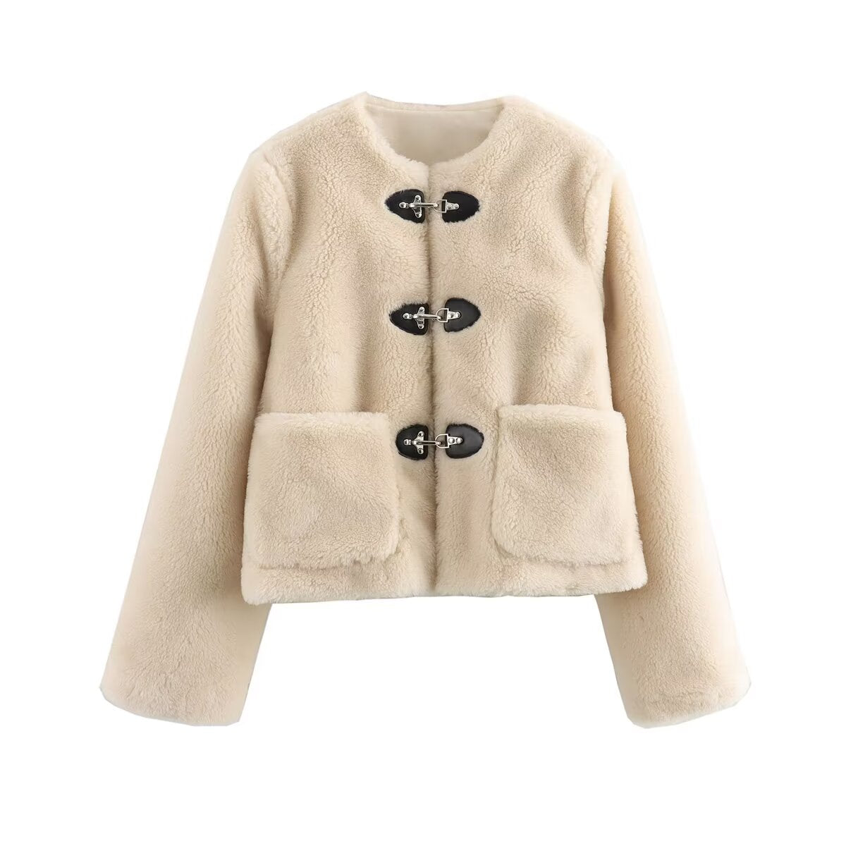 Women's new spring buckle round neck fleece Coat