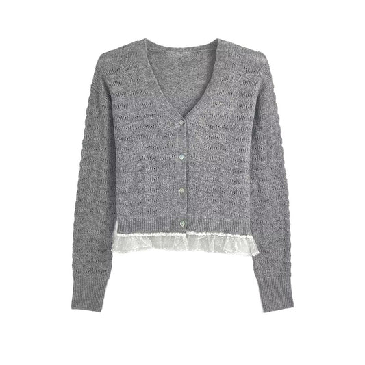 Women's new fashion lace patchwork V-neck knitted cardigan