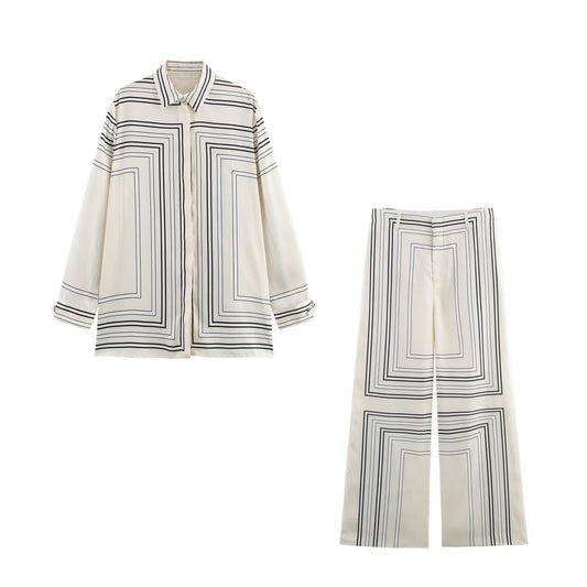 set woman 2 pieces2025 Fashion Printed shirt Vintage Long Sleeve Female + Pants Women's suit