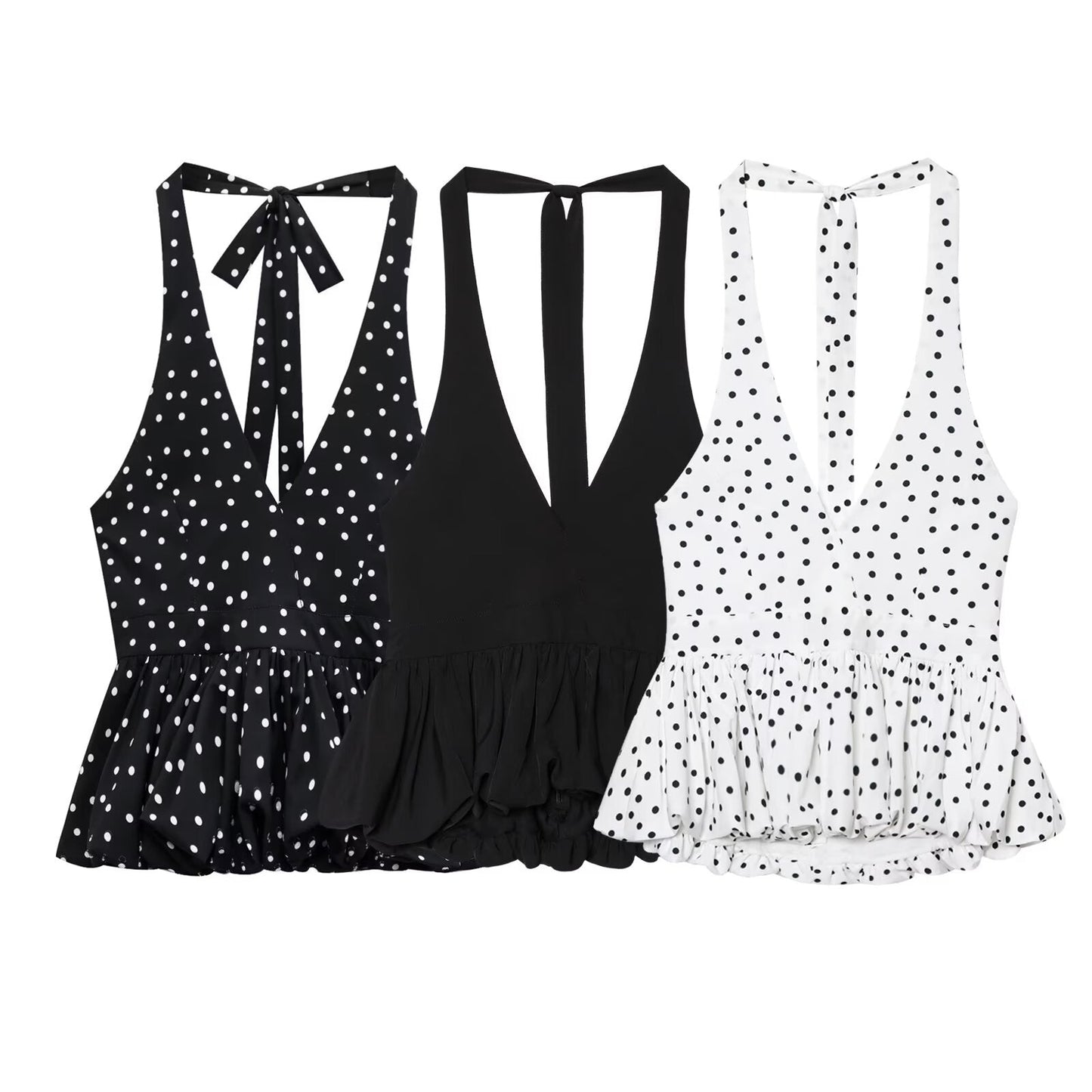 Women's new fashion backless polka dot printed halter neck suspender top