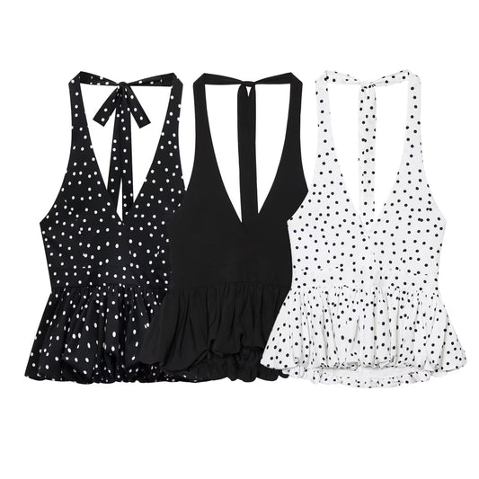 Women's new fashion backless polka dot printed halter neck suspender top