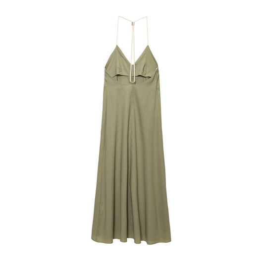 Women's New Fashion Loose Linen Blended Hanging Neck Midi Dress
