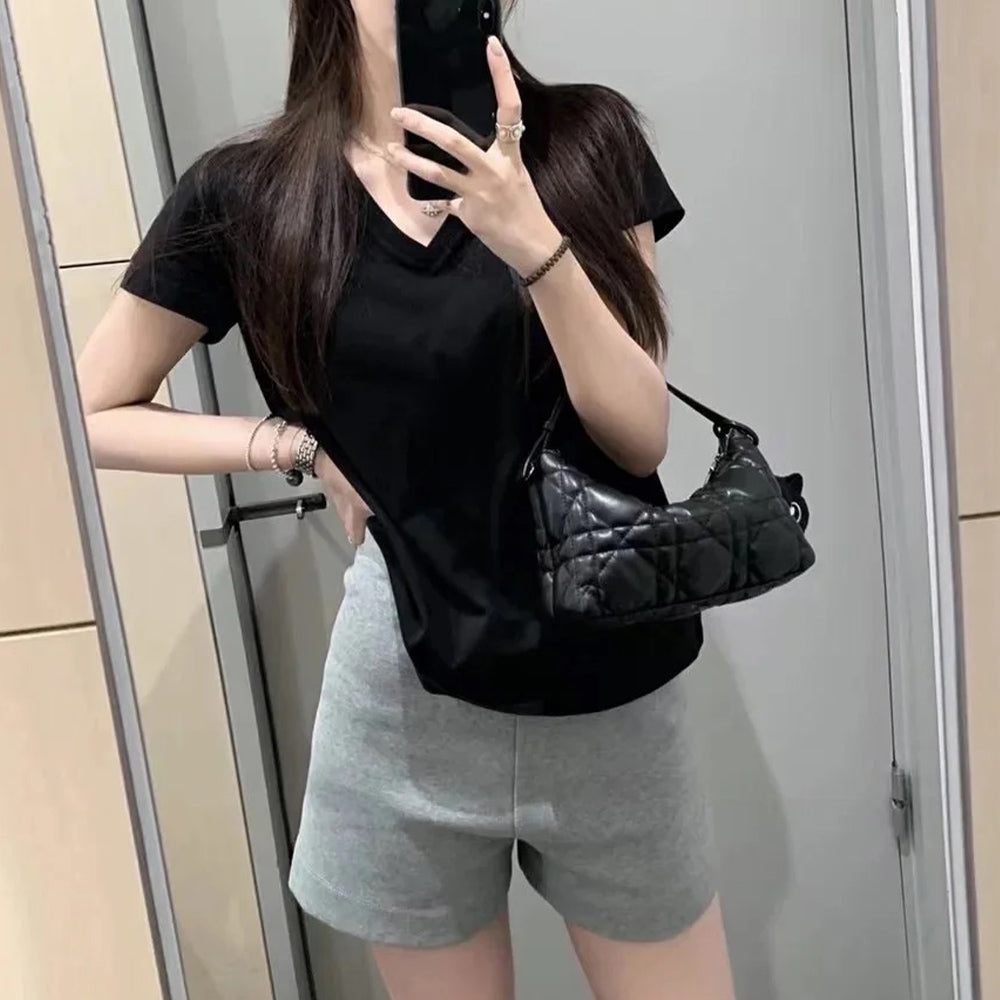 Women's new fashion casual Joker shoulder V-neck comfortable thin short-sleeved T-shirt