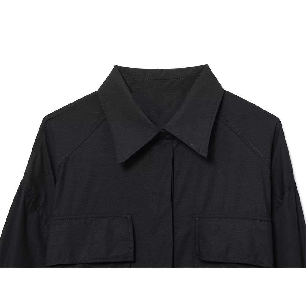 Women's 2025 New Fashion With Belt Black Poplin Button-up Shirt