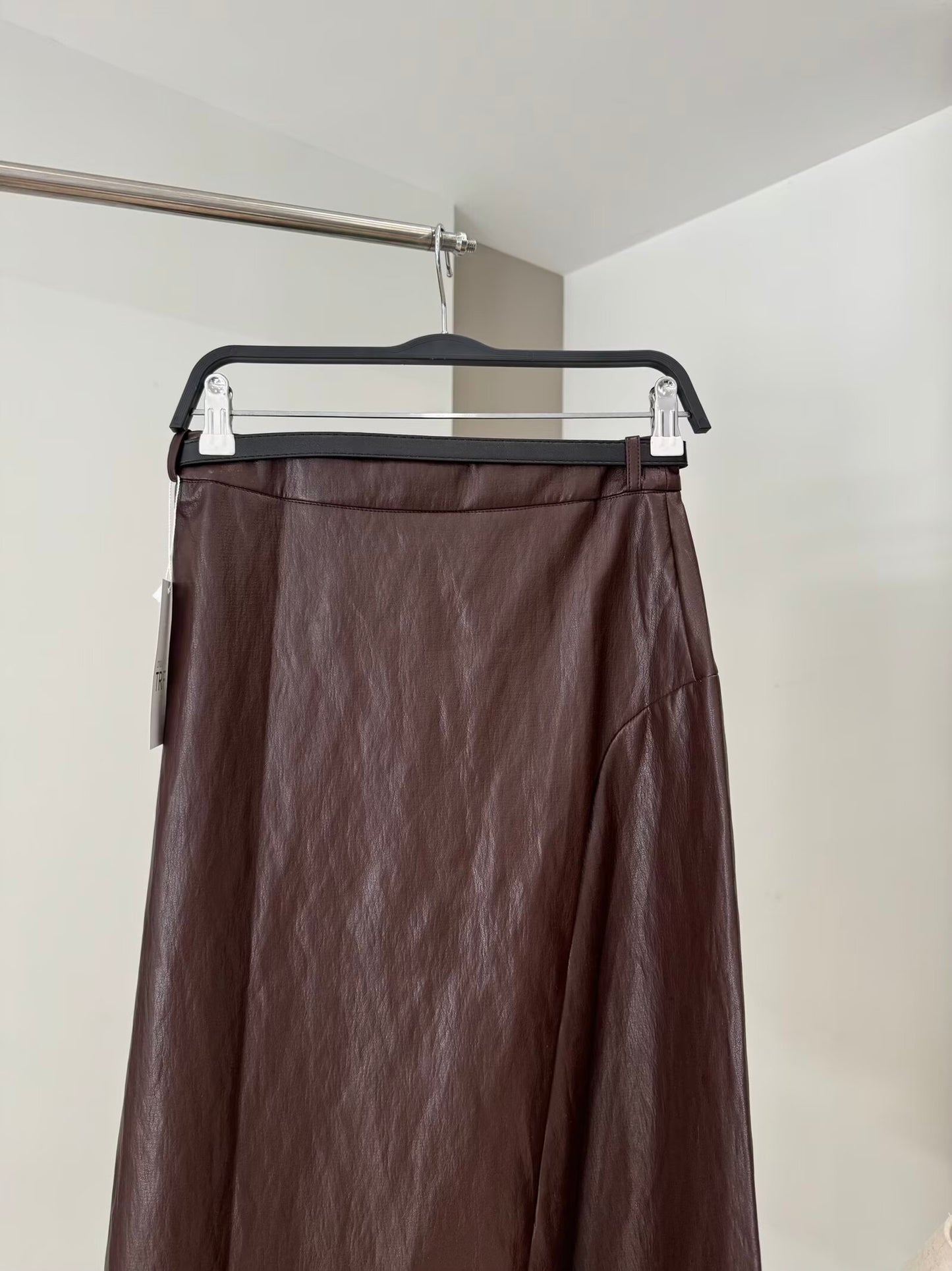 Women's New Fashion With Belt Casual Leather Effect Midi Skirt