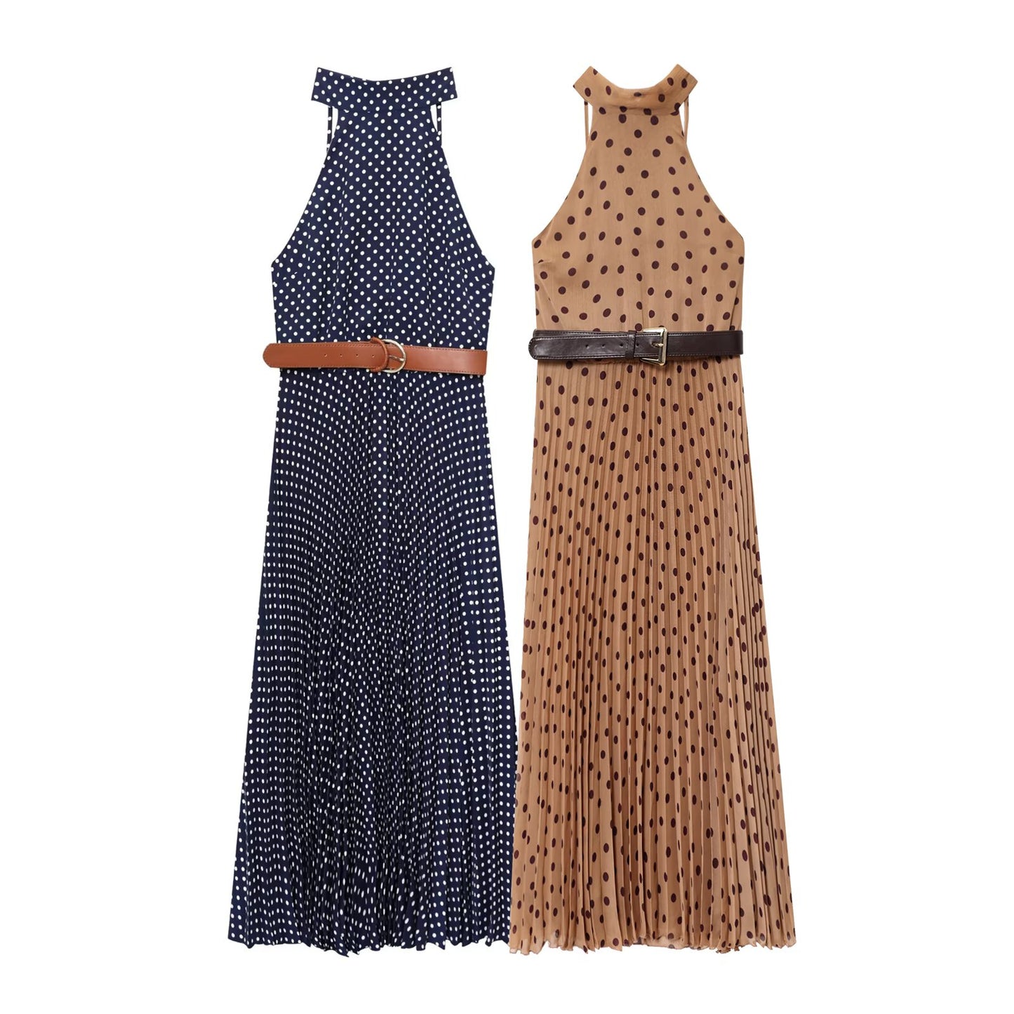 Women's chic fashion With Belt polka dot hanging neck MIDI dress