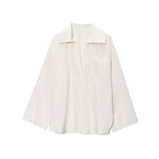 Women's new fashion loose Lapel striped Split shirt