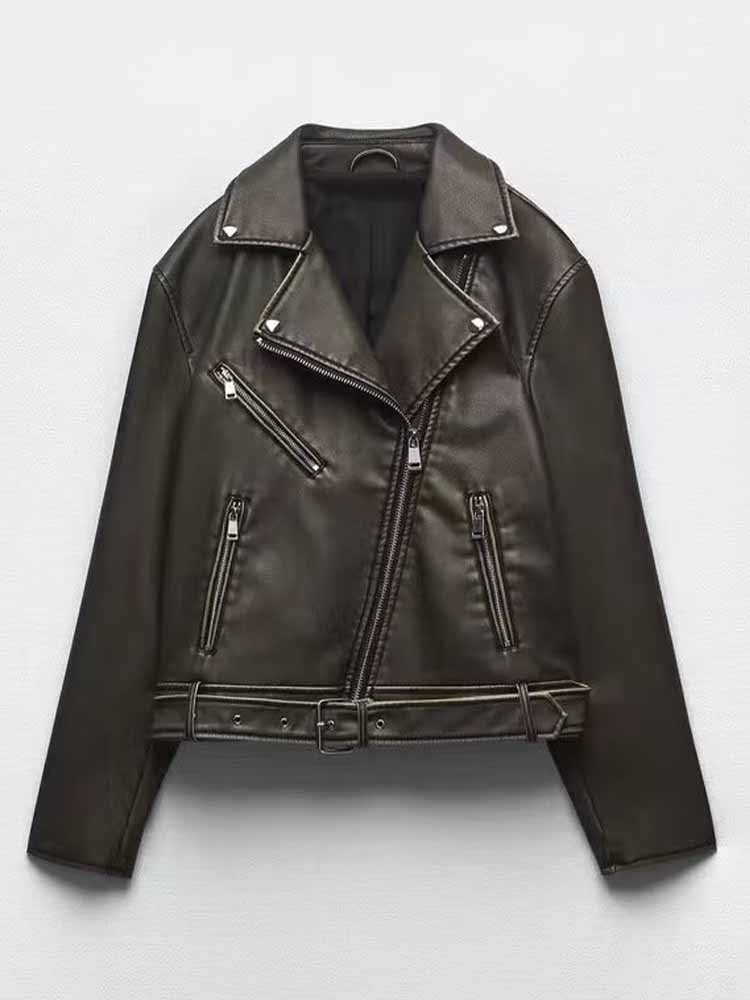 Women's 2025 new Fashion belt decoration casual versatile imitation leather jacket coat retro long sleeved zipper pocket women's coat chic top