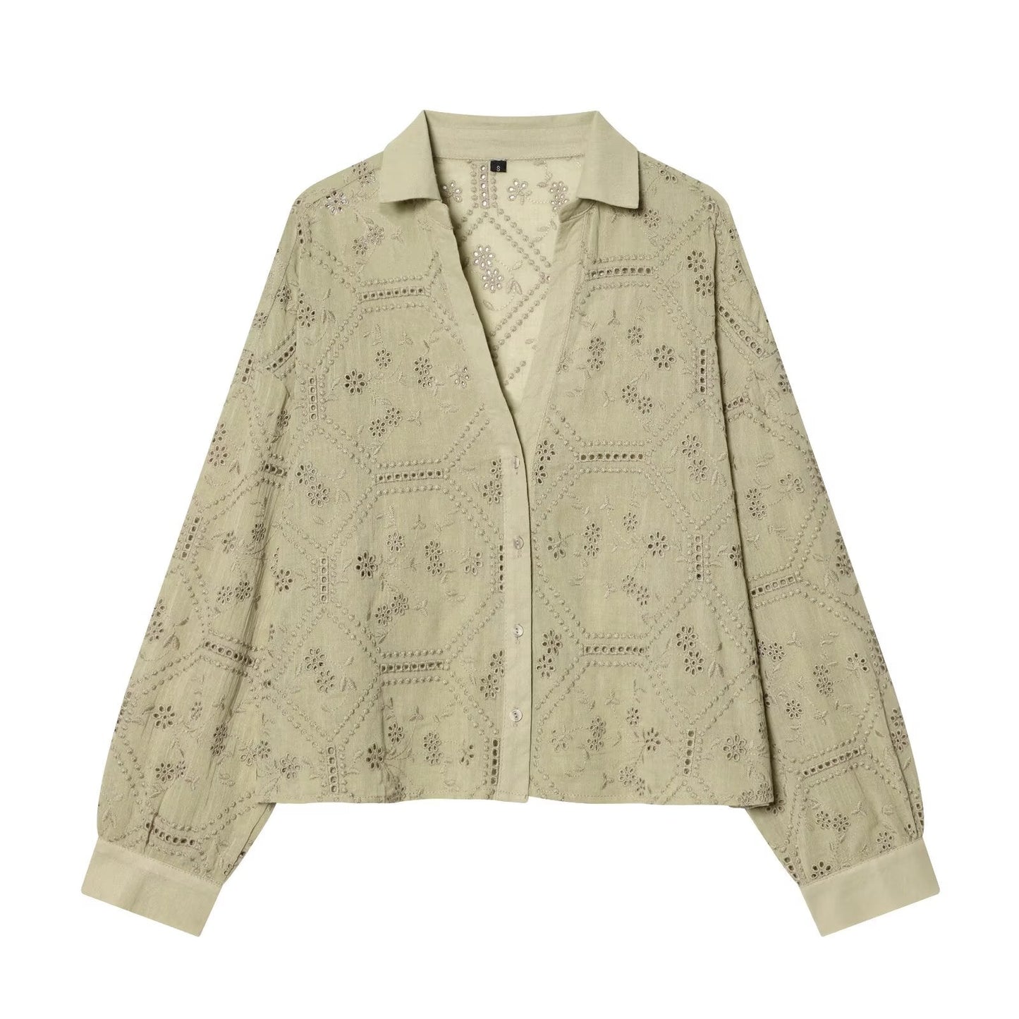 Women's hollowed out embroidered lapel shirt