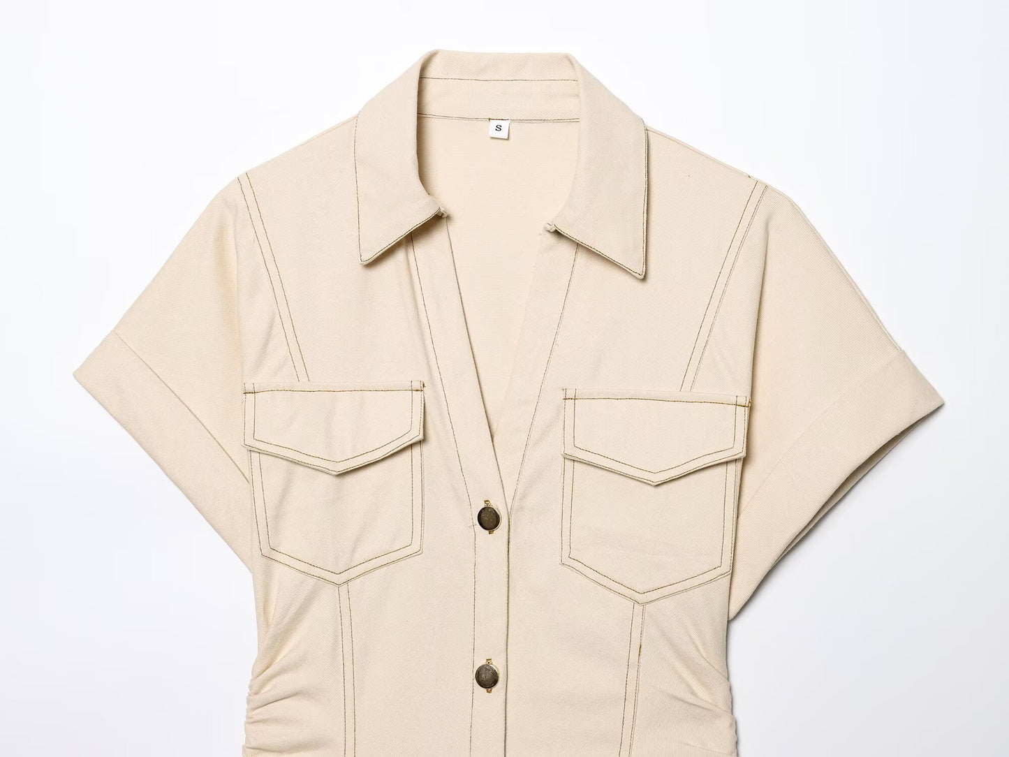 Women's new fashion waist pleated design slim single breasted short sleeved MIDI dress