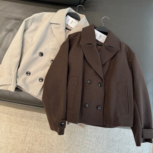 Women's new double breasted short lapel coat