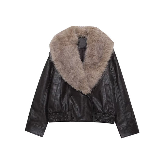 Women's detachable collar Faux Leather jacket Coat