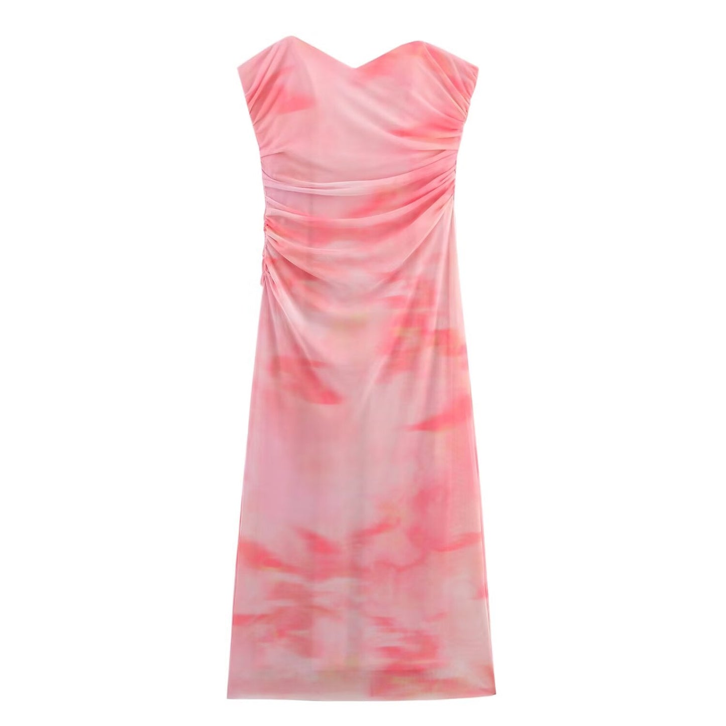 Women's summer new printed tulle strapless MIDI dress