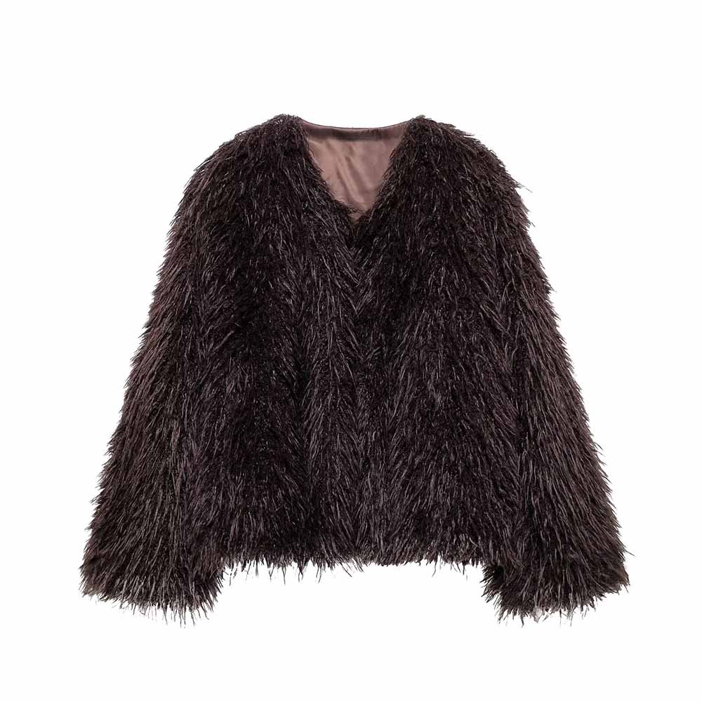 Women's winter Fashion loose faux fur effect warm V Neck Blended Coat retro long sleeved button up women's Coat Chic top