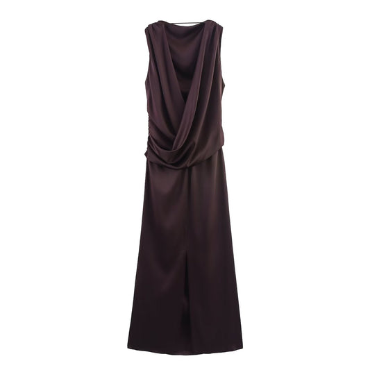 Women's chic Fashion backless satin textured pleated Midi dress