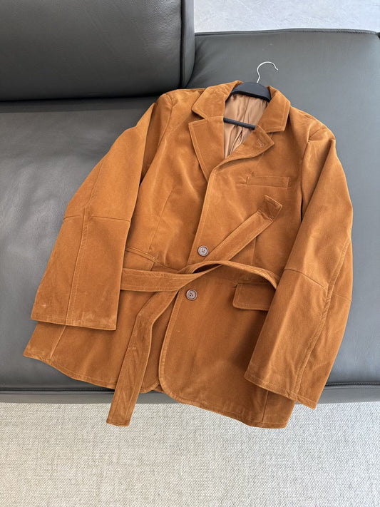 Women's 2025 new fashion with Belt loose suede suit jacket