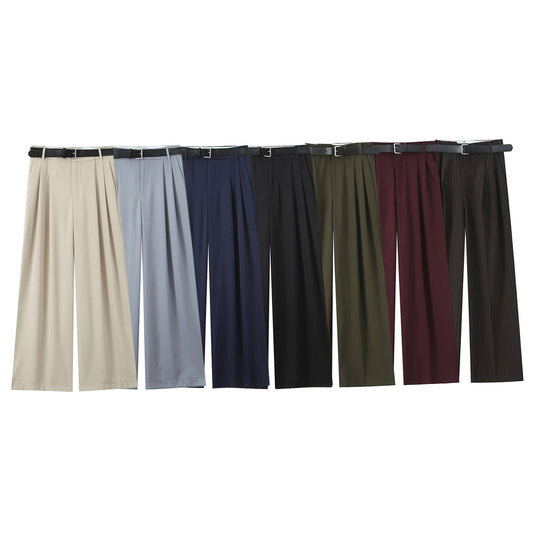 Women's new fashion belt decoration multi-color loose casual double pleated pants retro high waisted side pocket women's pants