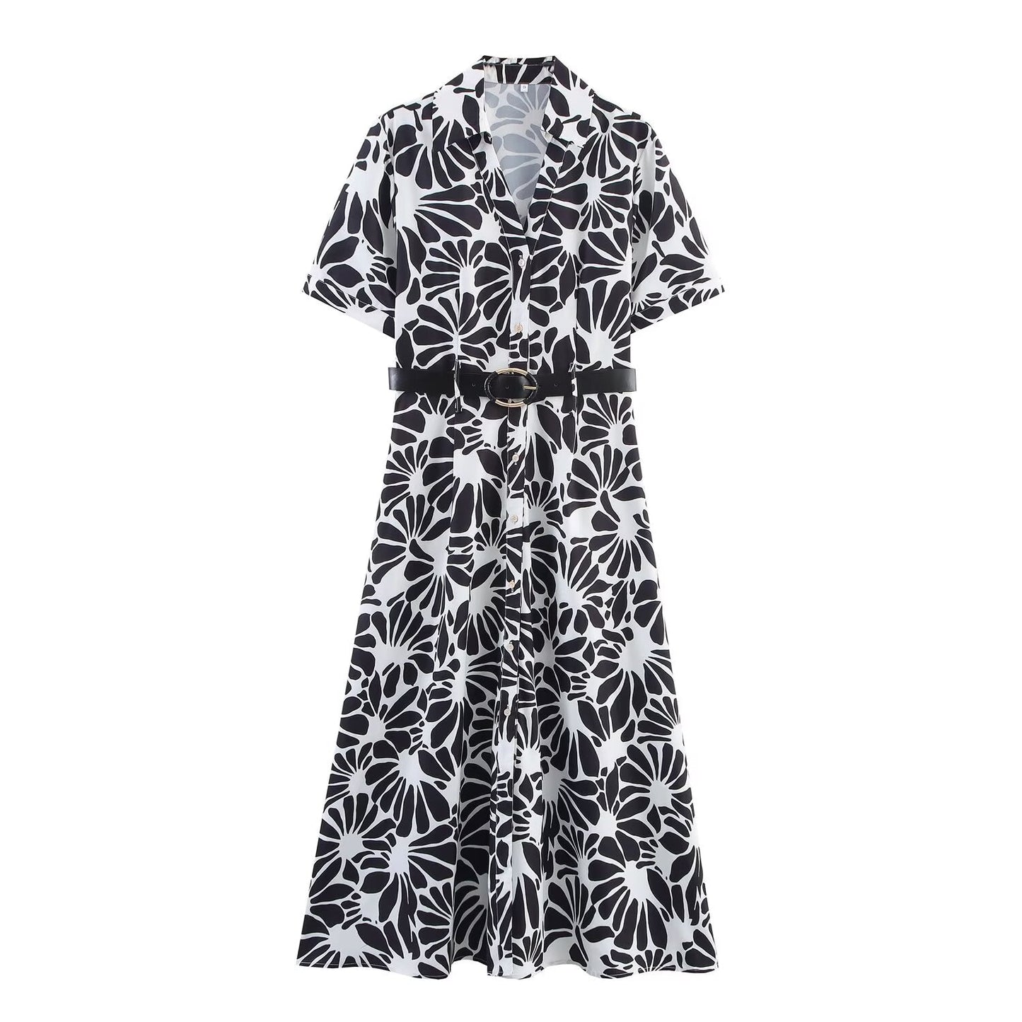 Women's New Fashion With Belt Short sleeved Printed Poplin Midi Dress