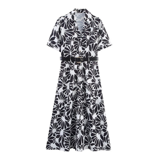 Women's New Fashion With Belt Short sleeved Printed Poplin Midi Dress