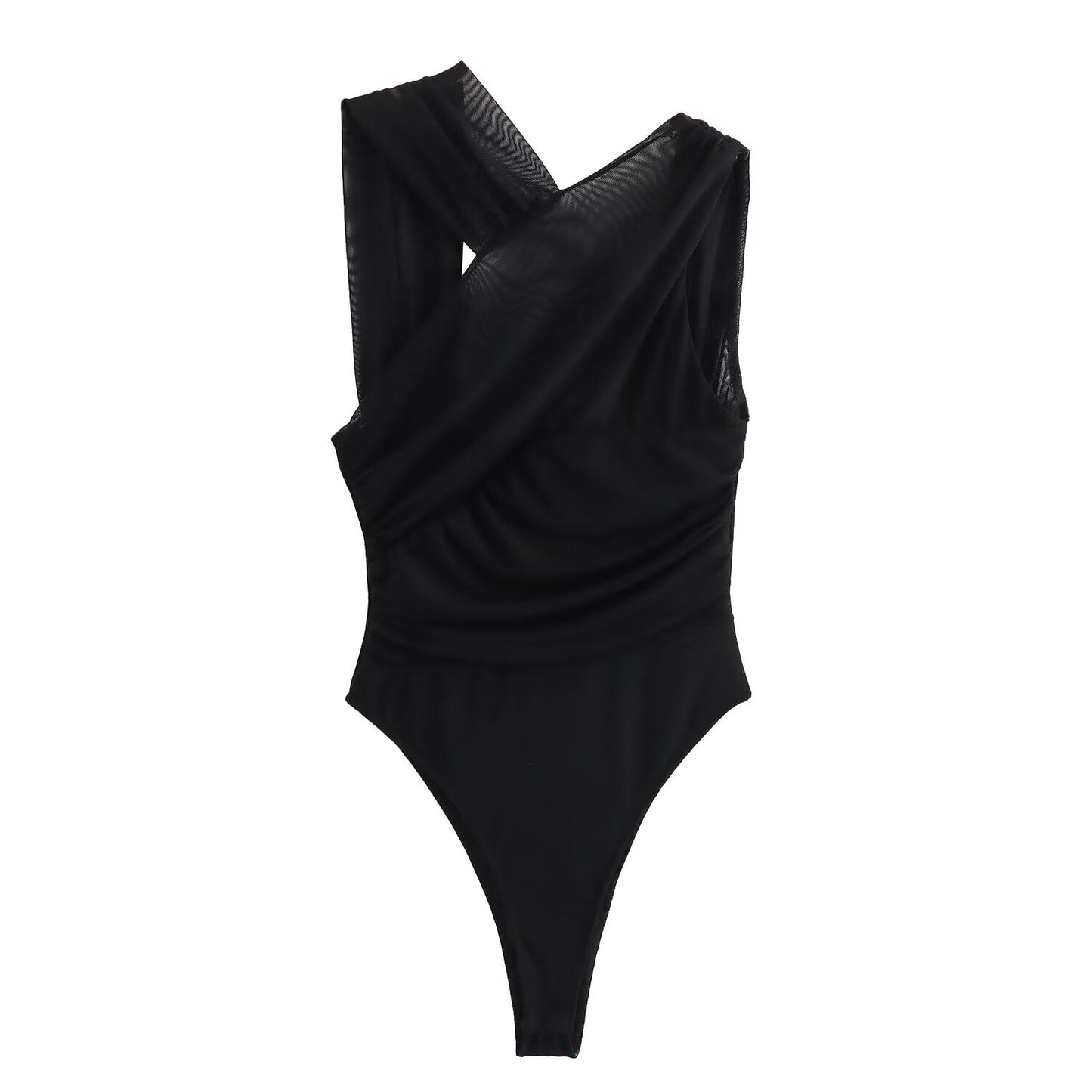 Women's 2025 new fashion tight pleated Printed tulle bodysuit