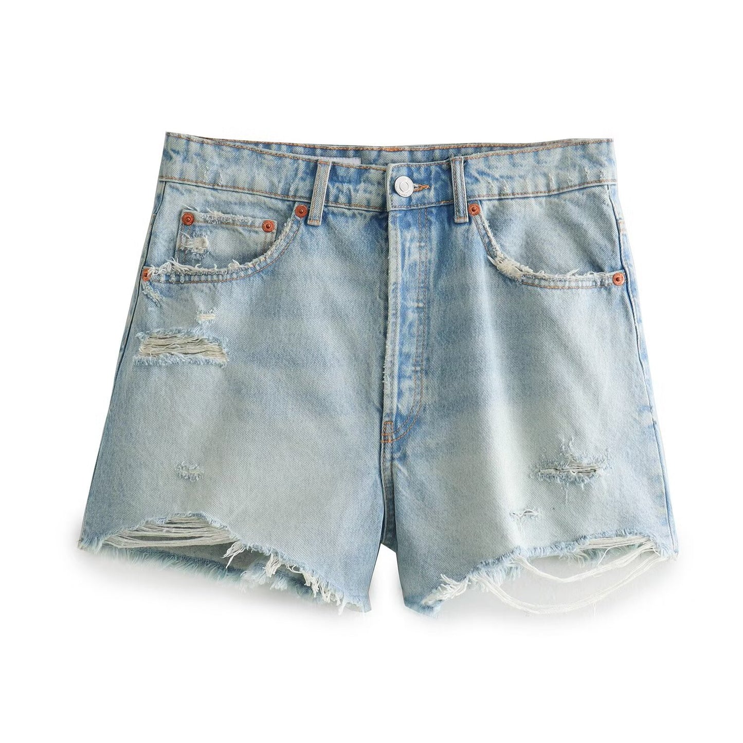 Ladies' new fashion Broken hole decoration casual side pocket high waisted denim shorts