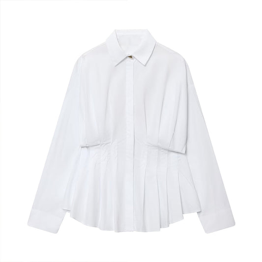 Women's new fashion long sleeved pleated poplin shirt