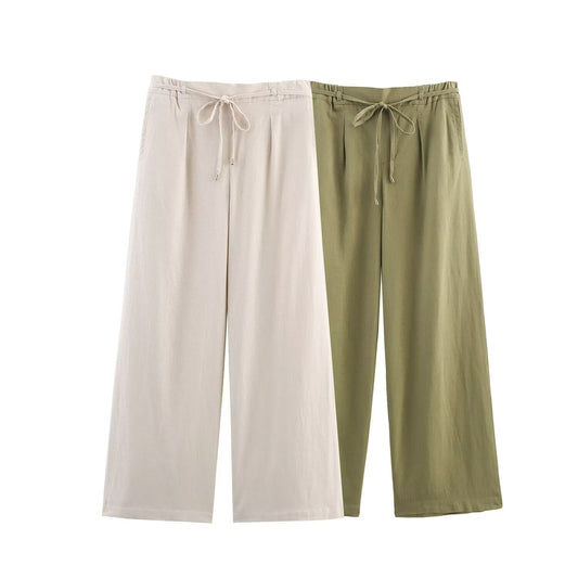 Women's new fashion with Belt loose casual linen blended wide leg pants