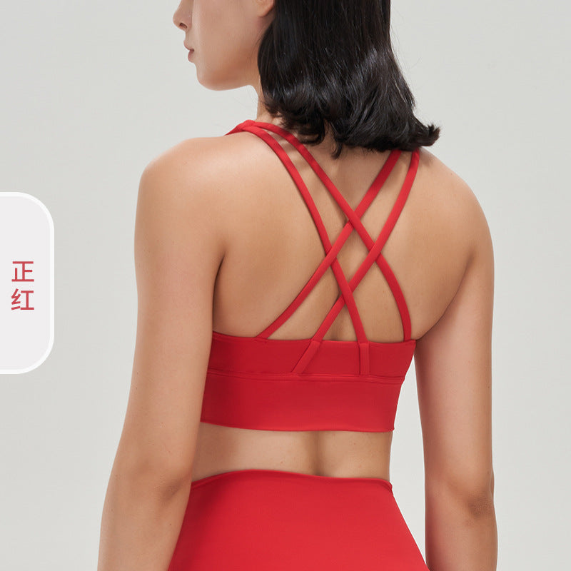 Women's new double-sided sanding cross back sports bra shockproof gathered yoga bra fitness vest
