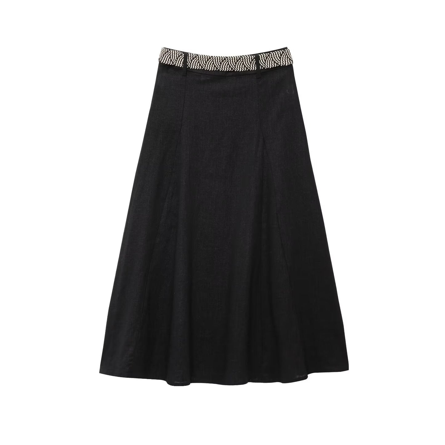 Women's 2025 New Fashion With Belt Linen Blended Midi Skirt Retro High Waist Side Zipper Women's Skirt