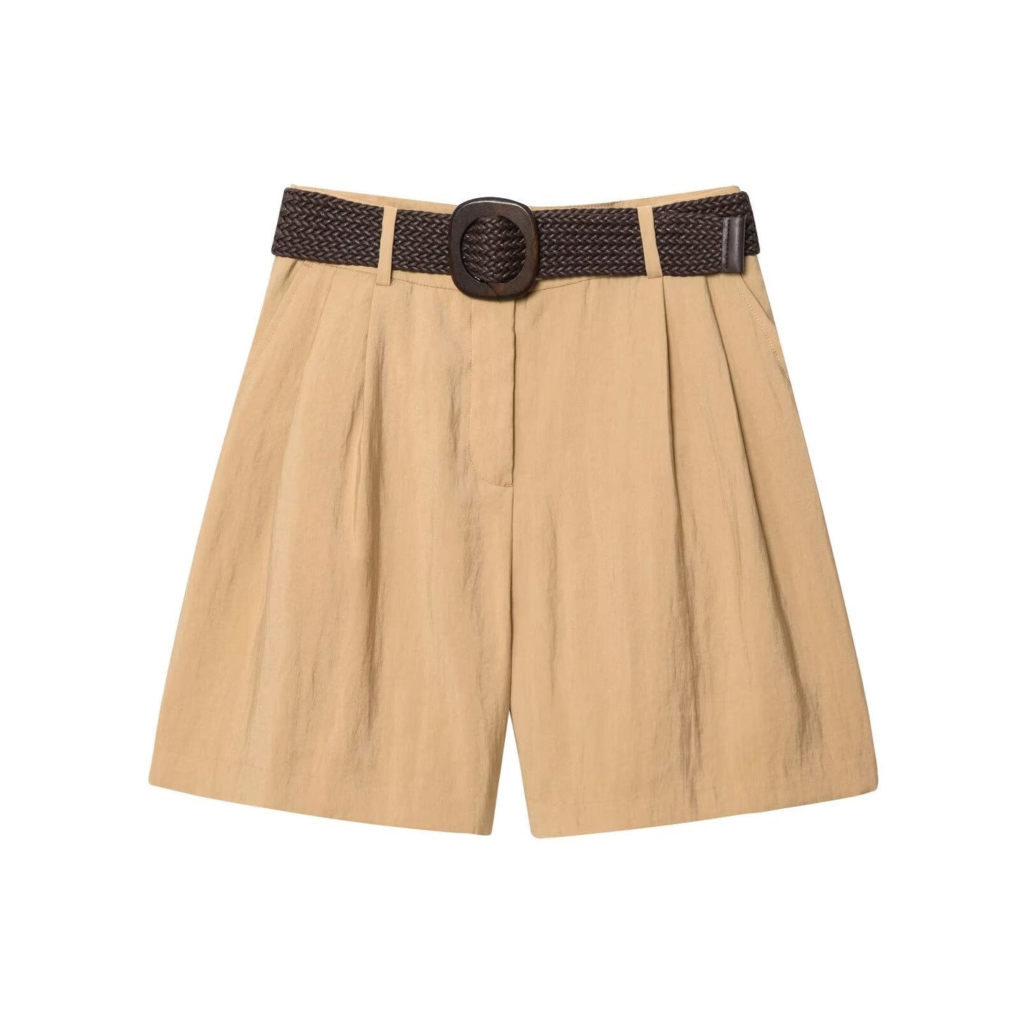 Women's chic Fashion With Belt casual side pocket pleated shorts