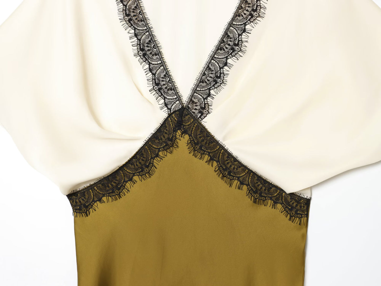 Women's new fashion contrasting lace V-neck satin texture MIDI dress